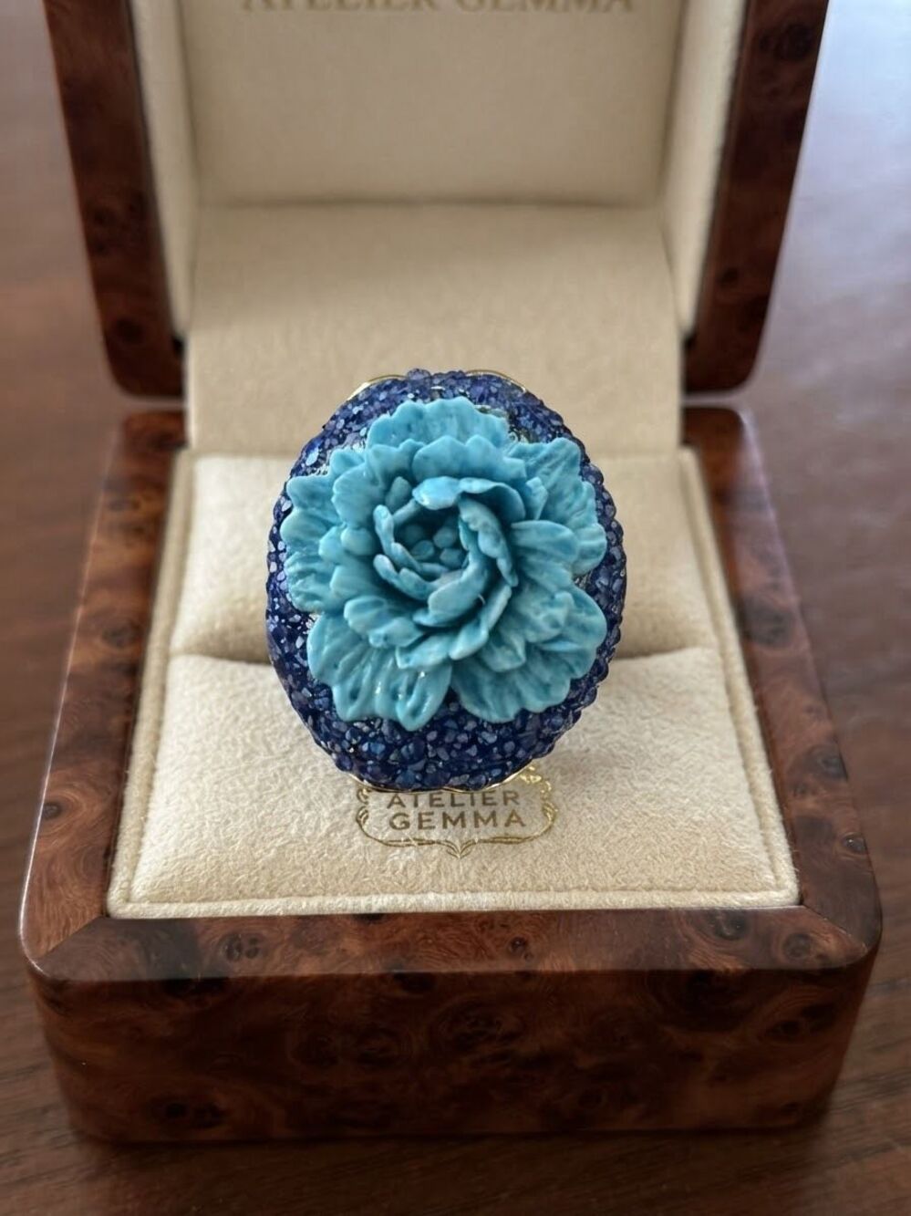Floral Statement Ring Artisan Blue Carved Flower Cocktail Ring with Pavé Crystal
